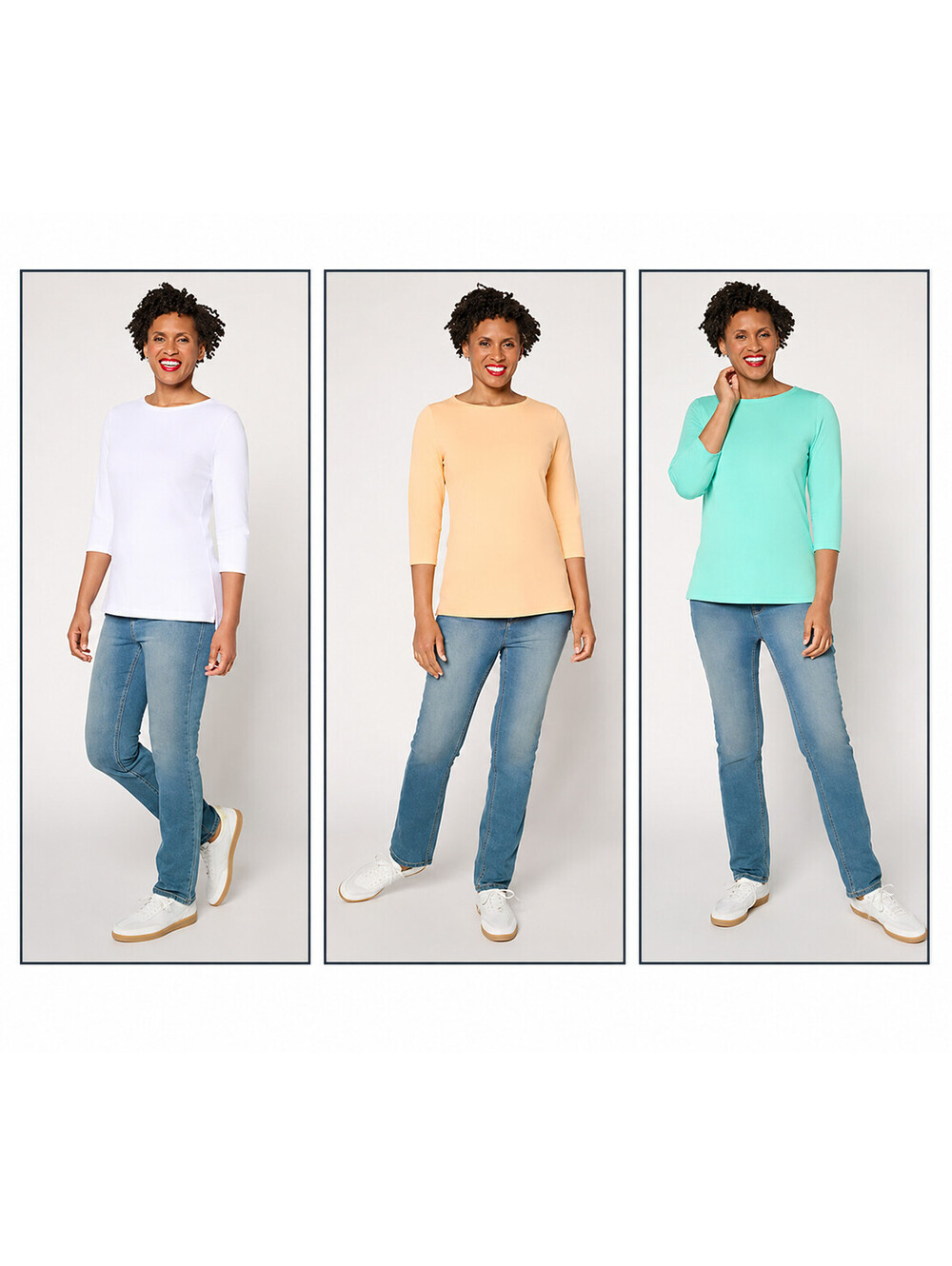 Denim & Co. Essentials So Soft Jersey 3-Pack Boat Neck Tops tiger/green/wht, 1X